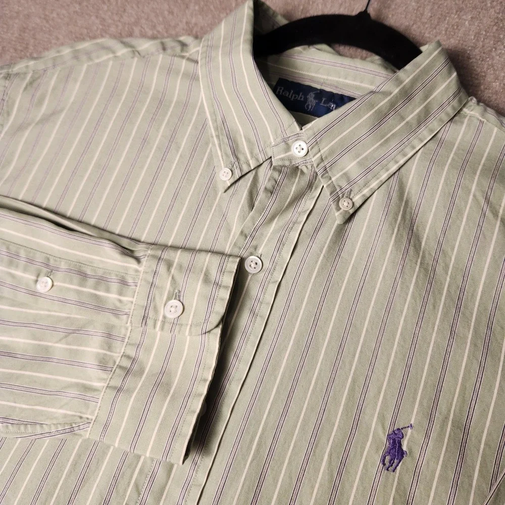 Ralph Lauren Button Down Shirt Mens L‎ Green Striped Long Sleeve Excellent Pony